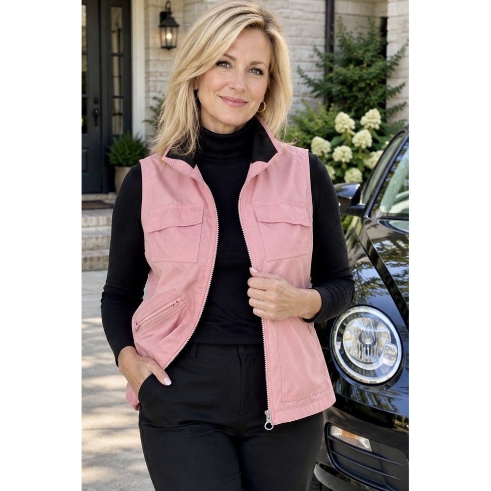 Lauren Ralph Lauren Women's M Reversible Pink Black Utility Vest Full Zip